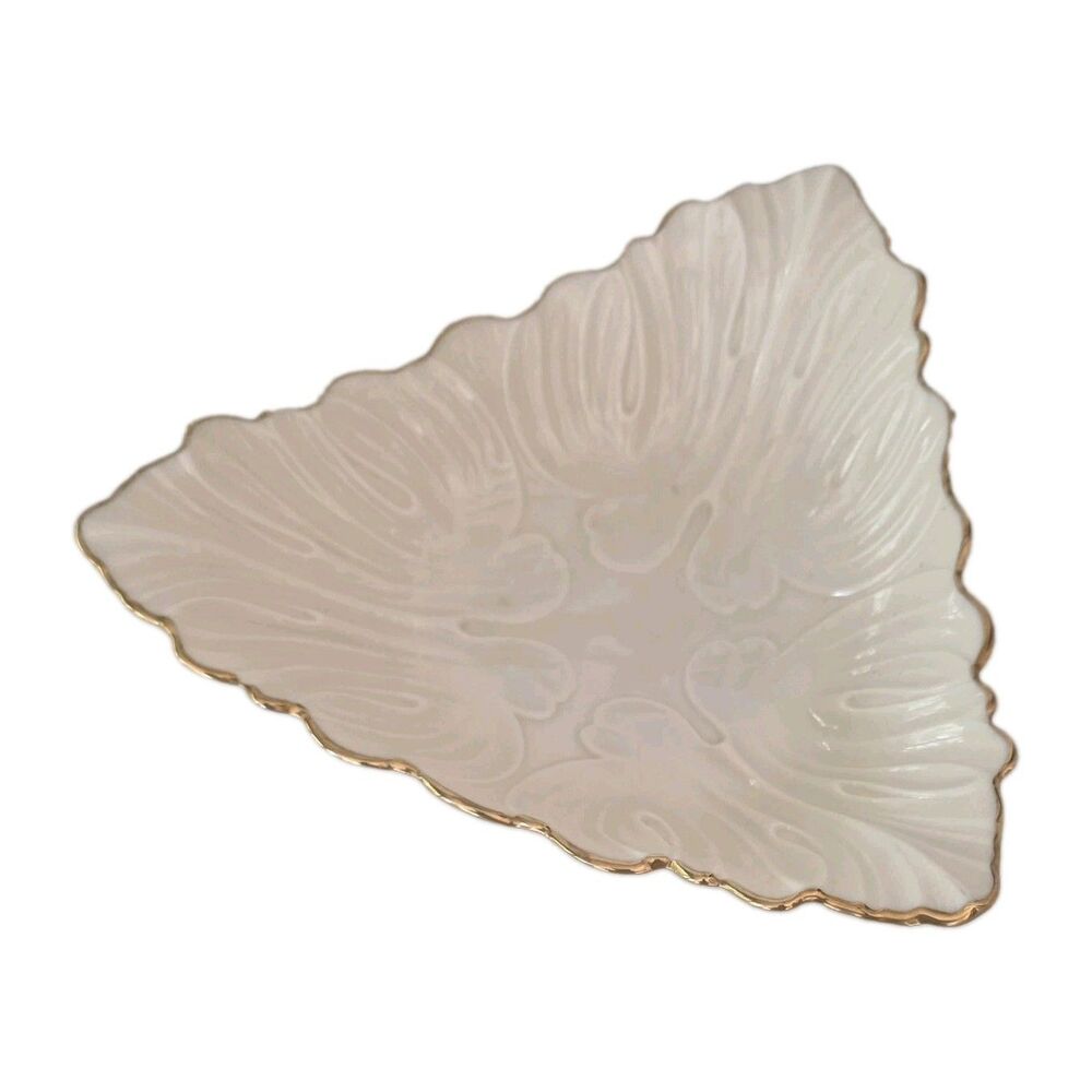 Vintage LENOX Triad Leaf Embossed Triangle Candy Nut Trinket Dish 24K Gold Trim